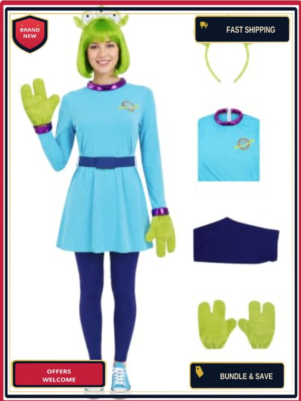 PAINEOMN Alien Costume Dress 4-Piece Cosplay Outfit Headband Gloves Leggings